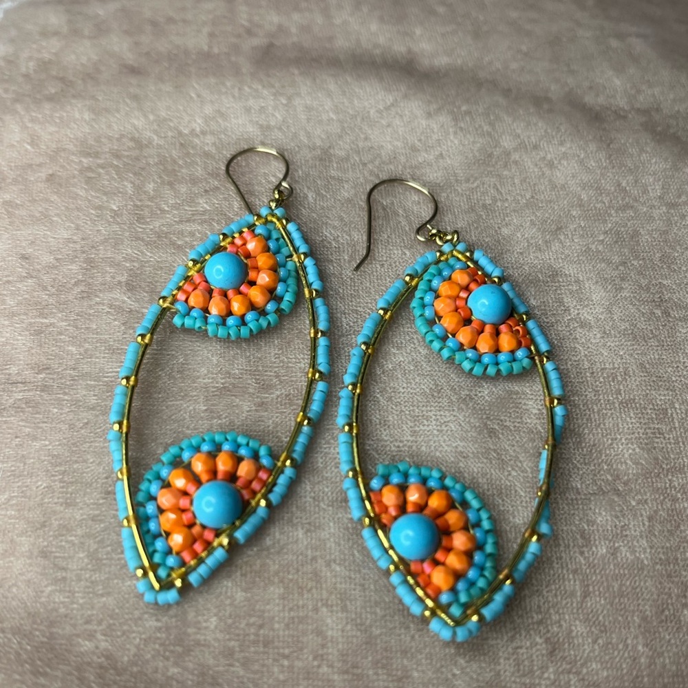 ✨SALE✨ Turquoise and orange drop hoop beaded earrings